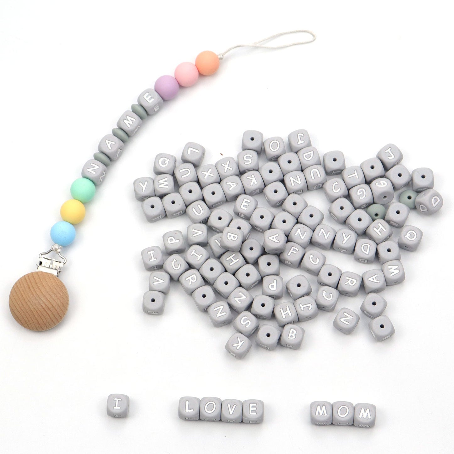 5pcs Silicone Letter Beads - Gray